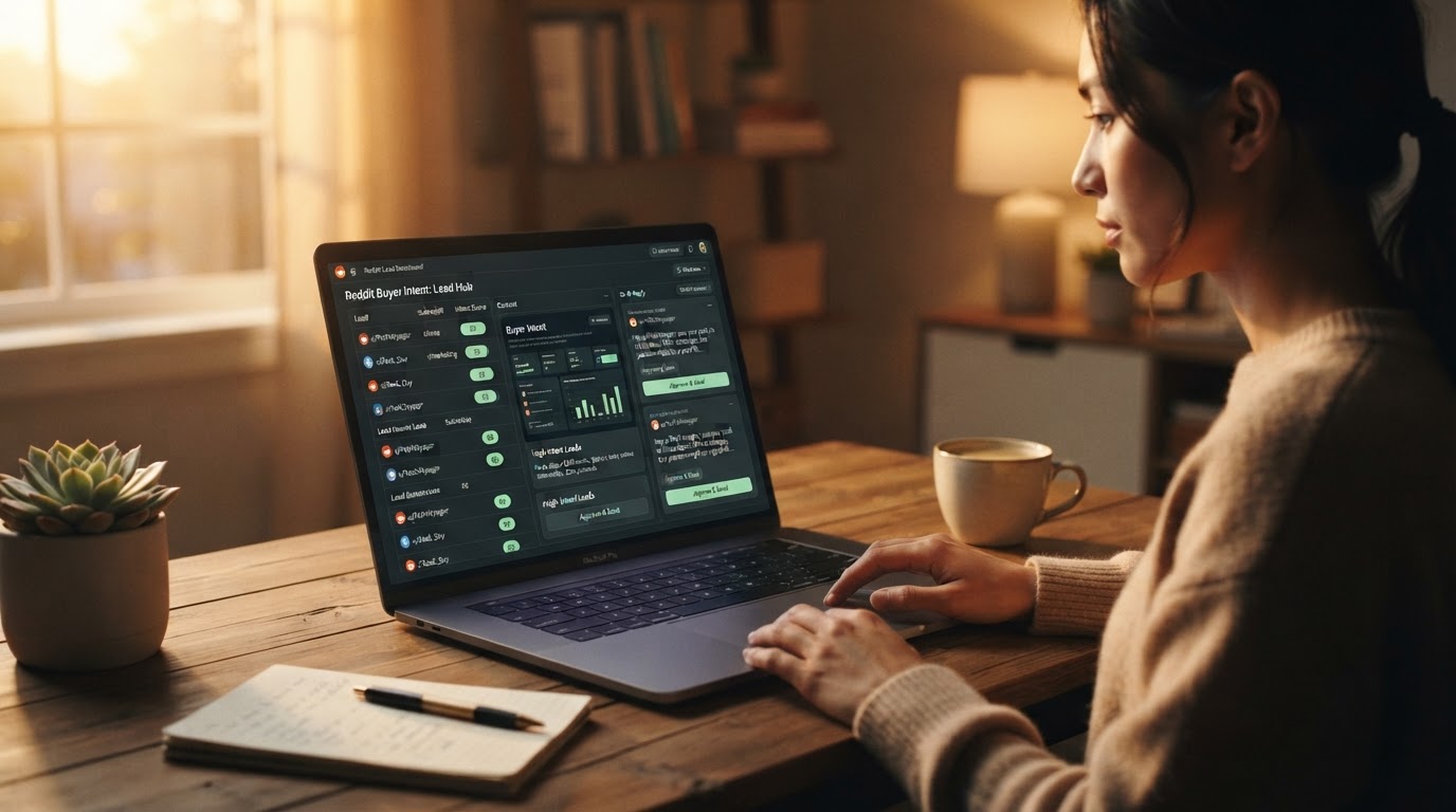 Laptop screen showing a Reddit lead dashboard with intent scores and draft replies, clean minimal de
