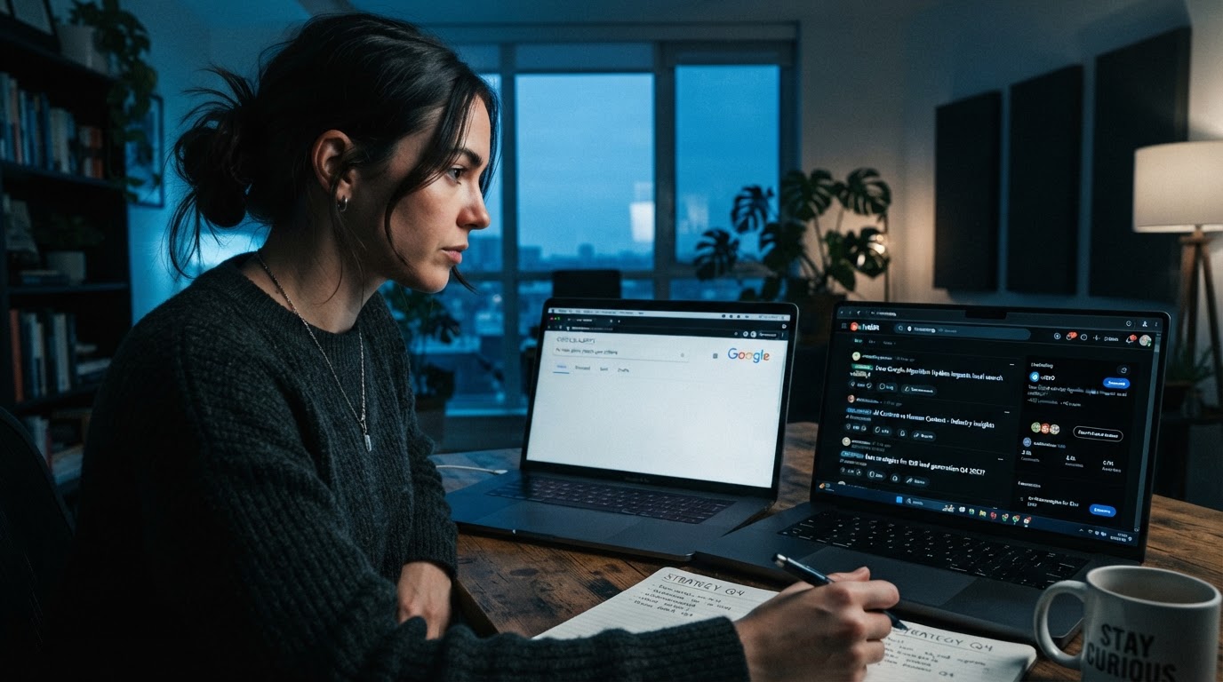 Marketer comparing two laptop screens side by side, one showing an empty email inbox labeled 'Google