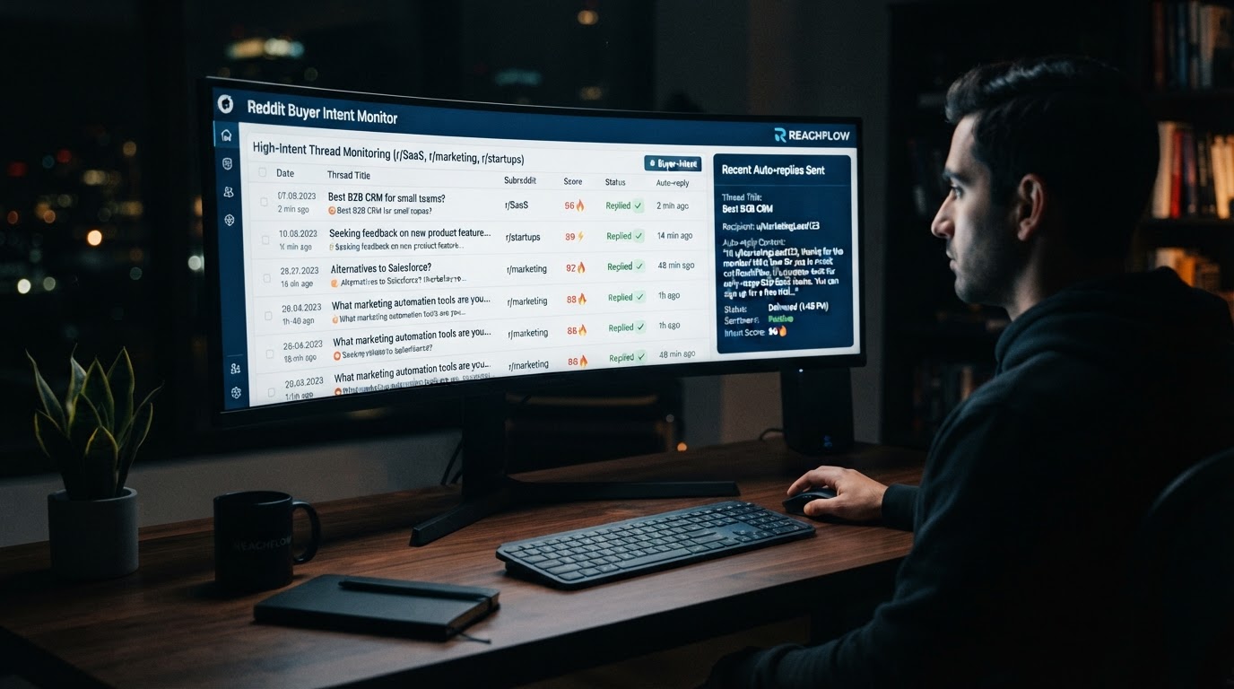 Clean SaaS dashboard on a monitor showing a list of Reddit threads with colored buyer-intent scores 