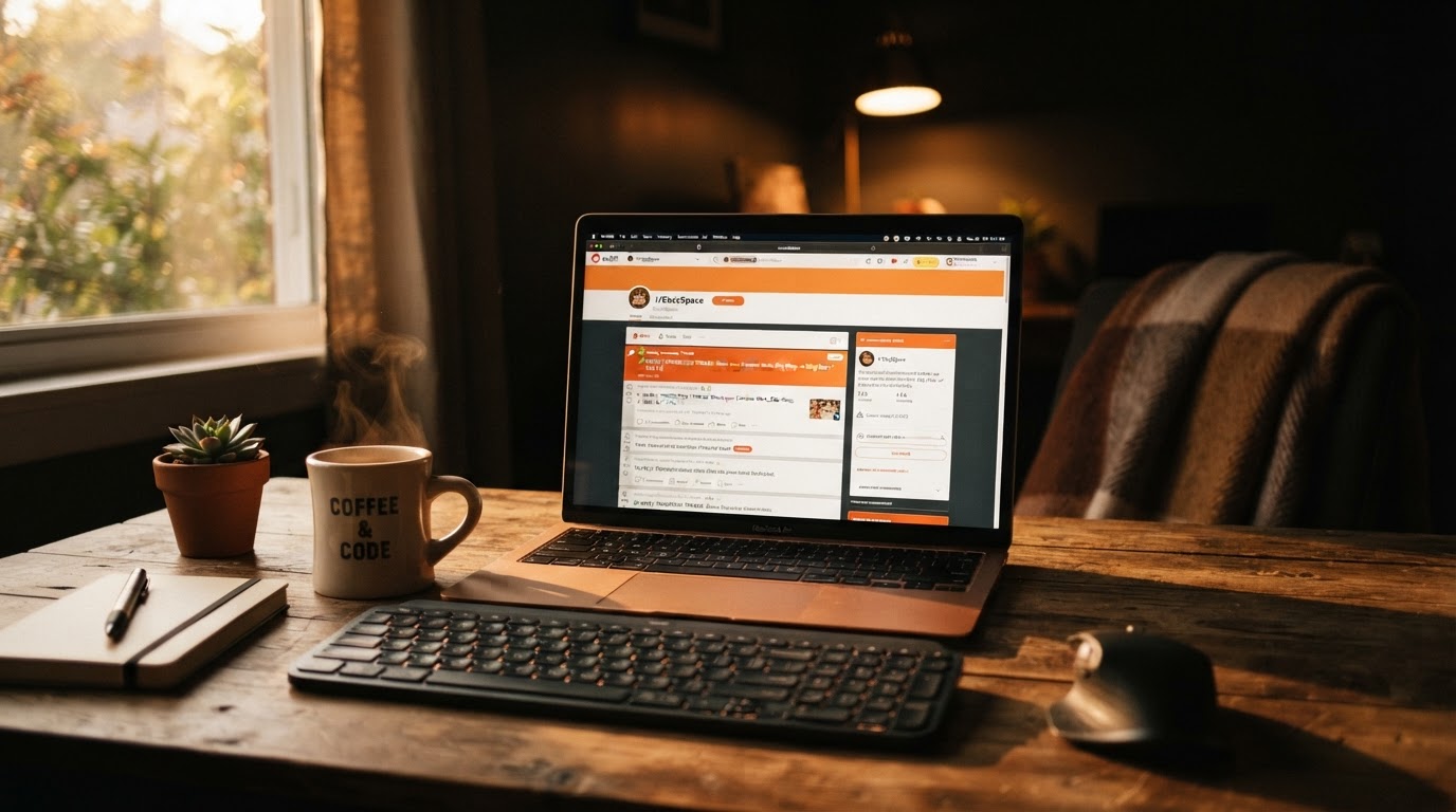 Laptop screen showing a Reddit community page with a pinned weekly promotion thread highlighted, coz