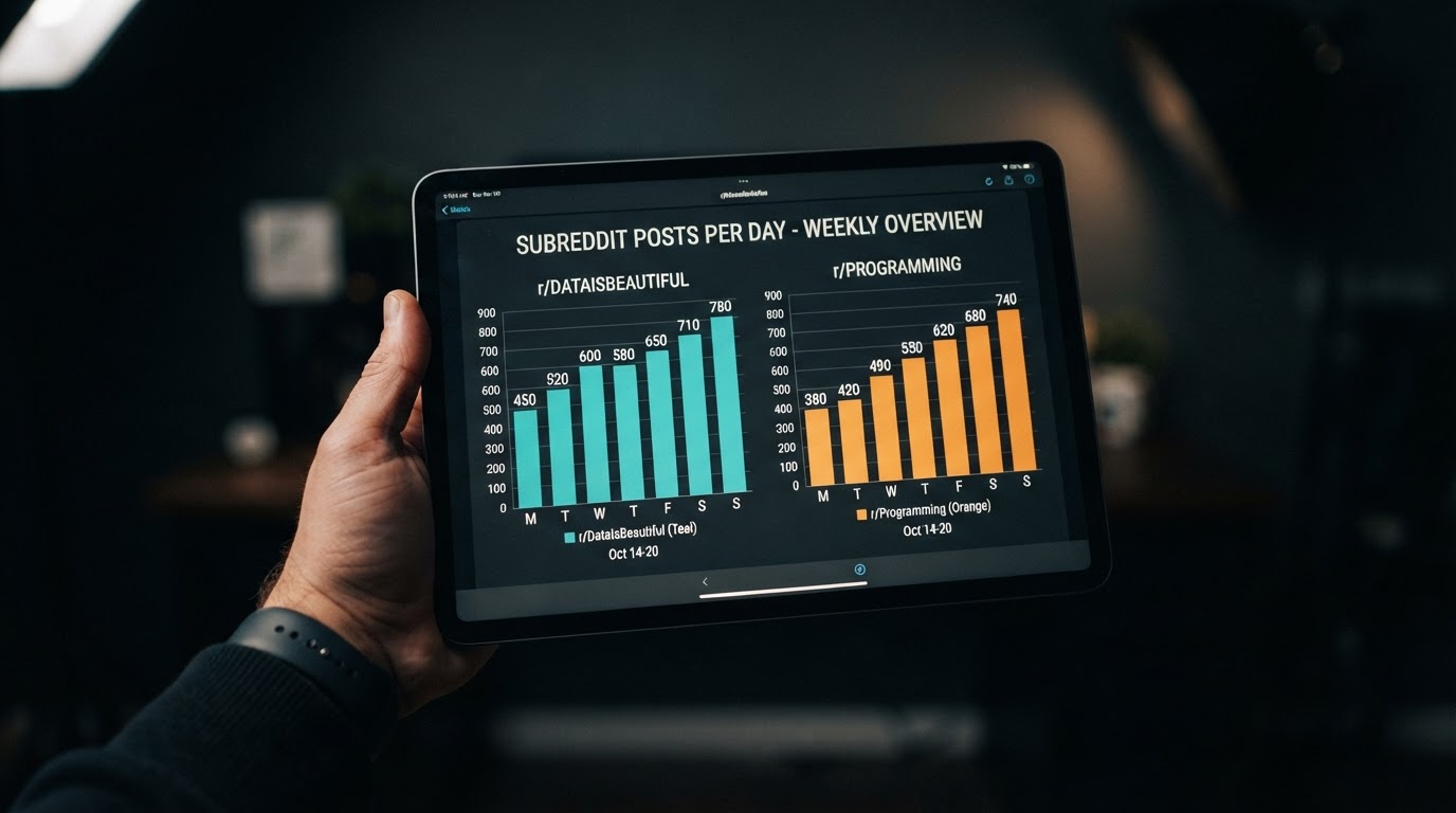 Clean comparison chart on a tablet showing bar graphs of subreddit posts per day, soft studio lighti