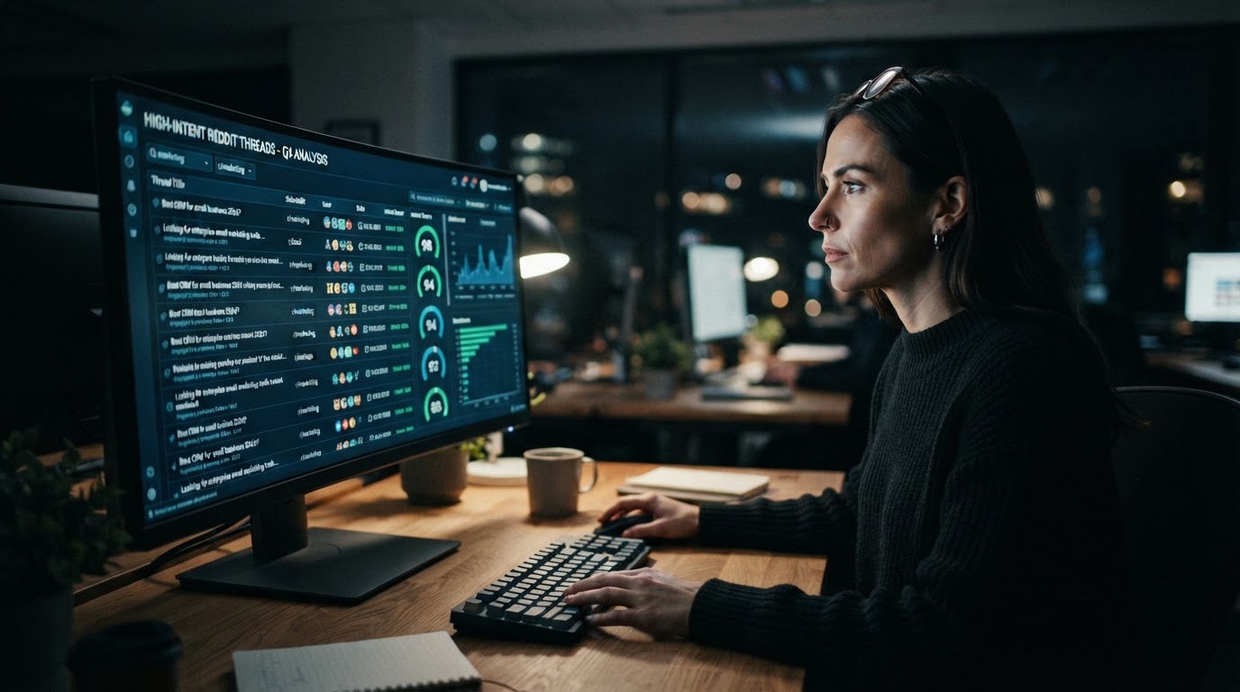 Marketer reviewing a dashboard of high-intent Reddit threads with intent scores, modern dark-mode in