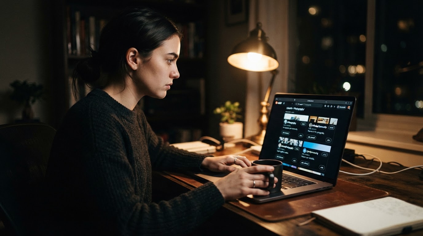 Person at a desk viewing Reddit communities search results on a laptop screen, multiple subreddit ca