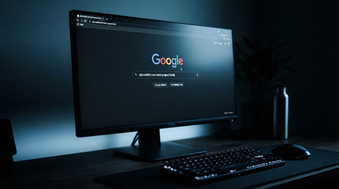 Close-up of a Google search bar on a monitor showing the query 'site:reddit.com best project tools',