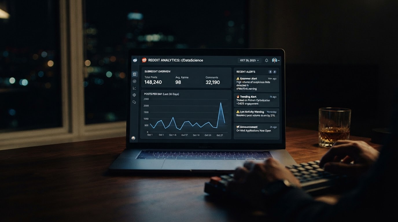 Minimal dashboard interface on a laptop screen showing subreddit activity metrics with posts-per-day